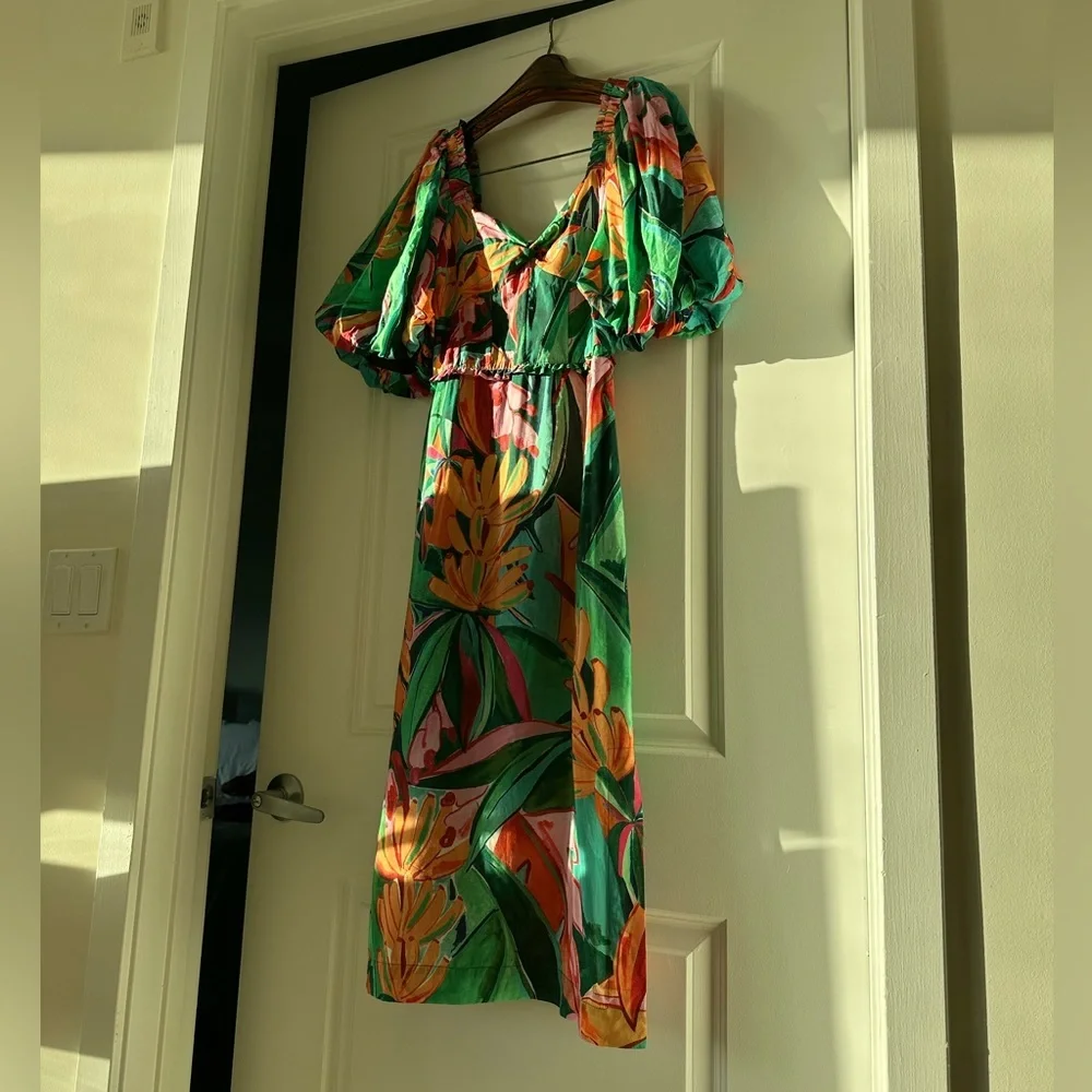 Farm Rio Multicolor Banana Foliage Puff Sleeve Midi Dress - Picture 5 of 12